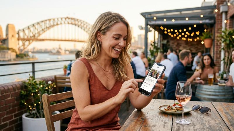 Woman browsing casual dating sites on phone at Sydney rooftop bar