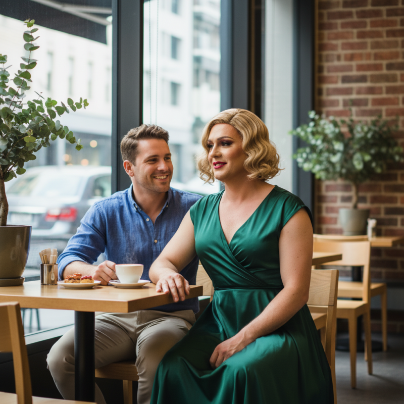 Crossdresser dating Australia - a man in an elegant green dress with makeup at a cafe with his partner