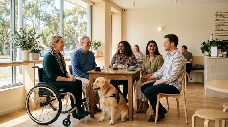 Diverse group of Australians at a sunlit Sydney café, including a smiling woman in a wheelchair and a couple holding hands - inclusive disability dating in Australia