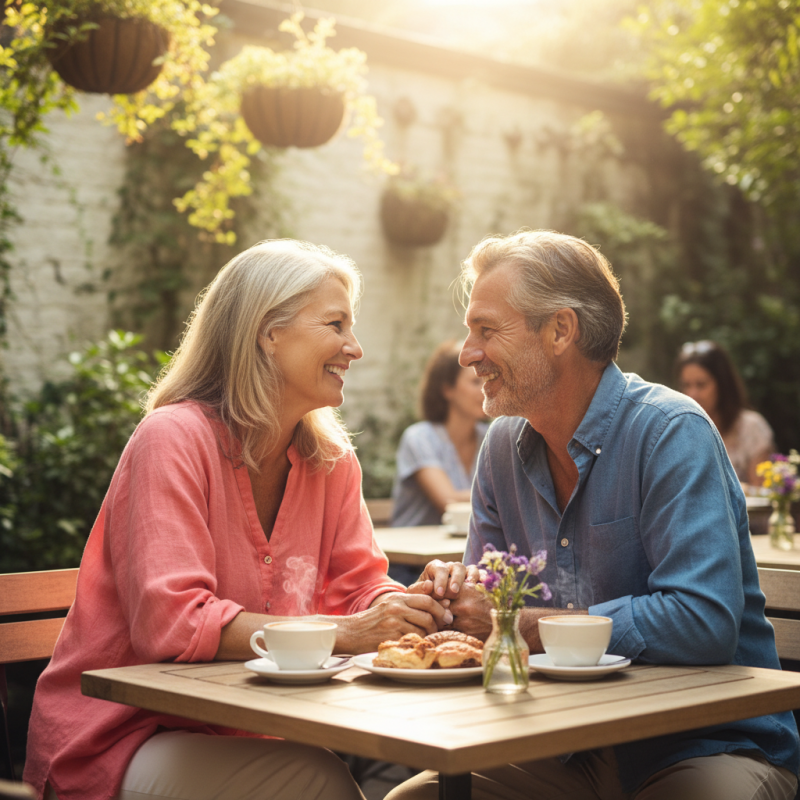 Happy mature couple enjoying a date at an outdoor cafe in Australia