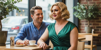 Crossdresser dating Australia - a man in an elegant green dress with makeup at a cafe with his partner