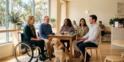 Diverse group of Australians at a sunlit Sydney café, including a smiling woman in a wheelchair and a couple holding hands - inclusive disability dating in Australia