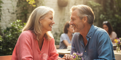 Happy mature couple enjoying a date at an outdoor cafe in Australia